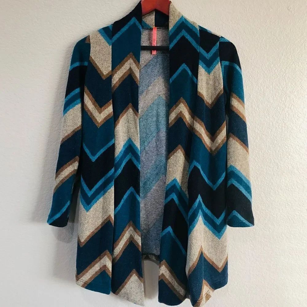 Soft Brown Blue Chevron Print Shrug Cardigan Sweater S
